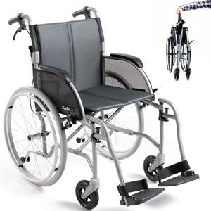 FeatherMobility - Gray Lightweight Folding Wheelchair - 13.5 lbs, 18" Seat Width - with Swingaway Legrests, Anti-tippers, and Quick Release Wheels - 250 lbs Capacity