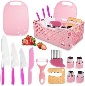 Girls Gifts Kids Knife Set for Real Cooking, Gifts Toys for 3 4 5 6 7 8 9 10 Year Old Girls Birthday Gifts, Girls Toys Montessori Kitchen Tools for Toddlers & Box, Kids Cooking Sets Real Pink