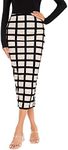 Verdusa Women's Elegant Plaid Elastic Waist Bodycon Midi Skirt Nude and Black Grid XXL