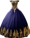 BessDress Gold Lace Appplique Quinceanera Dresses Strapless Prom Ball Gown BD389