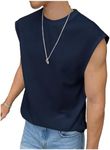 OYOANGLE Men's Letter Patched Textured Sleeveless Crew Neck Tank Tops Workout Athletic Casual Shirts Dark Blue Medium