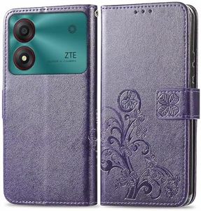 RankOne Leather Case for ZTE Blade A34 (6.6 Inches), Wallet Case with 3 Card Slots, 1 Coin Pocket, Four-Leaf Clover Pattern - Dark Purple