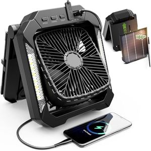 26800mAh Portable Fan Rechargeable with 18W Detachable Solar Panel, Quiet Battery Powered Camping Fan Cordless with LED Lantern,3 Speed,Timer,USB-C,for Bedroom Tent Home Office Desk Hurricane(Black)