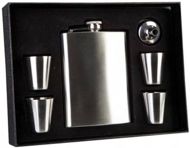 MDI Australia TF-FS_4S Flask Set with Four Shot Glasses Stainless Steel Flask with Set of Four Shot Glasses and Funnel, Silver