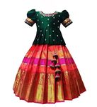 White Button New south Indian traditional pattu pavadai Jecquard Lehenga choli for girls dress (7-8 Years, Green Rani)