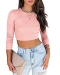 LACOZY Women's Casual Sexy Long Sleeve Round Neck Ribbed Knit Slim Fitted Crop Tops Tee T Shirts Pink S