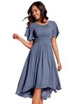 Ever-Pretty Women's Chiffon Crew Neck Pleated Waist Short Sleeve Wedding Guest Dress Bridesmaids Dusty Navy 10UK