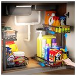 Metal Under Sink Organizer with Under Cabinet Light, 5 Height Adjustable Under Sink Organizers and Storage, 2 Tier Pull Out Cabinet Drawers for Kitchen Bathroom Pantry, Under Sink Storage Rack, 2 Pack