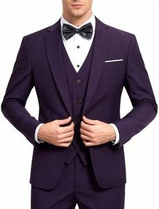 YFFUSHI Men's 3 Piece Suit Sets Slim Fit One Button Blazer with Vest & Pants, Professional Business Wedding Suits Purple