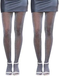 2 Pairs Women's Glitter Sheer Tights, Sequin Fringe Shiny Pantyhose with Control Top, Black, X-Large