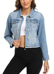 MISS MOLY Jean Jacket Women’s Frayed Washed Button Up Cropped Denim Jacket w 2 Side Pockets, Light Blue 2, Large