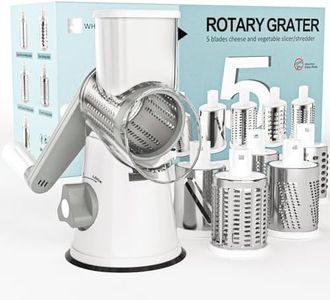 Cambom Rotary Cheese Grater Hand Crank Cheese Shredder for Fresh Cheese, Vegetable, Nuts,Non-slip Suction Base, Five Blades, White