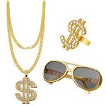 NewZC Hip Hop Costume Kit 80s/90s Rapper Fancy Dress Gold Dollar Ring + Dollar Necklace + Rap Sunglasses for Masquerade Party Carnival Rapper Concert