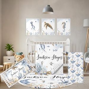 Terwex Custom Crib Bedding Set - 5 Pcs Customized Baby Crib Set with Name - Soft Double Layer Marine Animals Nursery Baby Bedding Set for Girls Boys - Personalized for Infant Toddler