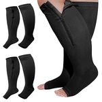 Hillban 2 Pair Plus Size Calf Zipper Compression Socks 15 to 25 Mmhg Open Toe Compression Stockings for Overweight Women Men, Black, 4XL