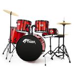 TIGER DKT28-RD Full Size Acoustic Drum 22" Bass Drum Kit with Stands Stool Sticks & Cymbals - Red