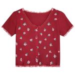 ICW Women's Korean Style Round Neck Half Sleeve Button-Up Floral Knitted Crop Top T-Shirt for Girls DN286 (Maroon)