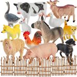 BUYGER Kids Farm Animals Toys for 3 Years Olds, Large and Mini Size Animals Figurines Set with Assemble Fence, Realistic Plastic Farmyard Toys Gifts for Kids Toddler Boys Girls