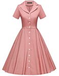 GownTown Women's 1950s Vintage Short Sleeves Notch Lapel Swing Dress, Salmon Pink, Large