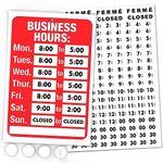 Open Signs, Business Hours Sign Kit - Bright Red and White Colors - Includes 4 Double Sided Adhesive Pads and a Black Vinyl Number Sticker Set - Ideal Signs for Any Business, Store or Office