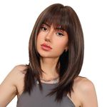 Akashkrishna Dark Brown Hair Wigs for Women Long layered Straight Wig with Bangs Natural Synthetic Hair Wig With Wigcap Comb