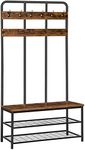 HOOBRO Coat Rack Shoe Bench, Pipe Style Hall Tree with 12 Hooks, Multifunctional Entryway Storage Shelf, Large Size, Wood Look Accent Furniture with Metal Frame, Easy Assembly, Rustic Brown BF05MT01