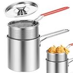 Deep Fat Fryer Set with Strainer Basket and Extended Handle, Stainless Steel Mini Deep Fryer Pot with Lid, Oil Saving Small Fryer for Frying Fish Shrimp Chicken and Fries(Pot+basket+lid)