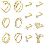 Rajnard 16PCS 316L Surgical Steel Nose Ring Studs 20G 7mm Gold L-Shape Nose Screw Nose Hoop Rings for Women Girls Stainless Steel Nostril Piercing Jewelry