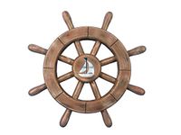 Hampton Nautical Rustic Wood Finish Decorative Ship Wheel with Sailboat 12"