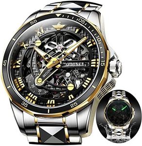 OUPINKE Automatic Skeleton Watch for Men Self Winding Silver and Gold Luxury Dress Mens Watches Two Tone Stainless Steel Waterproof Mechanical Male Watch Sapphire Crystal Gold Hand Wristwatches