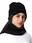 Weavers Villa Snow Proof Inside Fur Acro Wool Unisex Beanie Cap with Neck Warmer Set Knit Hat Thick Fleece Lined Winter Cap for Men & Women (Black), Free Size