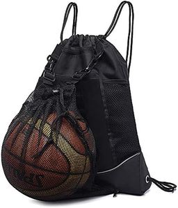 STAY GENT Drawstring Basketball Backpack for Boys, Foldable Soccer Backpack Gym Bag Sackpack Sports Sack with Detachable Ball Mesh Bag for Volleyball Baseball Yoga, Black