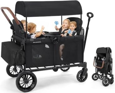 ELEMARA 4 Seater Wagon Stroller, Premium Stroller Wagon for 4 Kids, Foldable All-Terrain Wagon for Kids with Canopy, Adjustable Push/Pull Handles,Convertible High Seat&Organizer, Black