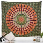 RAJRANG Indian Golden Green Mandala Tapestry Wall Hanging 213x230 cm Peacock Hippy Tapestries Hippie Beach Throw College Dorm Decor Bohemian Boho Bedsheet