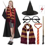 7 Pcs Wizard Costume Set for Women Men, Wizard Fancy Dress Harry Cosplay Accessories Outfit with Robe Scarf Glasses Tattoo Sticker Wand Tie Magic School Uniform for Halloween Cosplay Party-XL