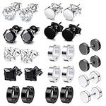 12 Pairs Mens Stud Earrings, Stainless Steel Men Earrings Ear Studs Black Studs Boys Earrings Screw Earrings Titanium Lobe Studs Zircon Studs Barbell Studs Ear Hoops for Men Boy