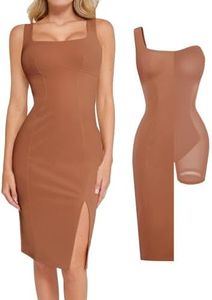 Popilush Bodycon Dresses for Women Faux Leather Shaper Dress Slit Midi Dress with Built in Shapewear Brown