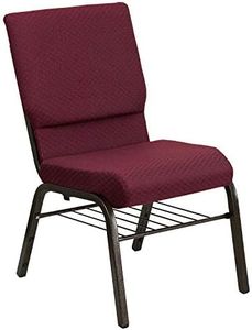 Flash Furniture HERCULES Series 18.5''W Church Chair in Burgundy Patterned Fabric with Book Rack - Gold Vein Frame