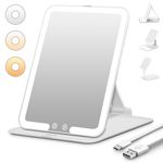 Auxmir Rechargeable Travel Makeup Mirror, Portable Travel Lighted Makeup Mirror with 3 Color Modes Dimmable, Compact Silm Tabletop LED Vanity Mirror with Touch Screen for Daily Business, White