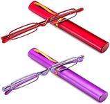 DXYXYO Slim Pocket Reading Glasses for Women Men 2 Pack, Compact Small Metal Readers with Portable Case, 3.0+ Purple and Red