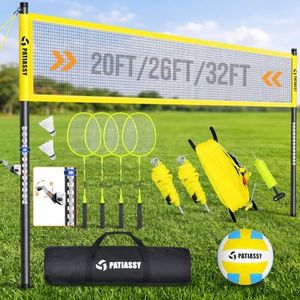 Volleyball Badminton Net Set Combo for Backyard Beach, 2-in-1 Adjustable Net with 4 Heights (5.1–8FT) & 3 Widths (20–32FT), 4 Aluminum Rackets, Goose Feather Shuttlecocks, Volleyball & Carrying Bag