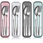 Yinkin 4 Pack Portable Travel Utensils Set with Case Reusable Stainless Steel Silverware Flatware Camping Cutlery Include Fork Spoon Knife for Work School Dishwasher Safe(White, Green, Red, Black)