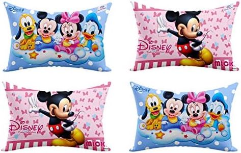Heart Home Disney Printed Toddler Kids Pillow Silky Soft Microfiber Polyester, Perfect for Travel,Toddler Cot,12"x18" (Sky Blue & Pink)-Pack of 4-KUBMART15846