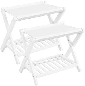 SONGMICS Bamboo Luggage Racks, Foldable Suitcase Stand, Luggage Holder with Storage Shelf, Easy to Assemble, for Guest Room, Hotel, Bedroom, Set of 2, Cloud White URLR040WZ01