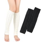 VEGCOO 2 Pairs Leg Warmers for Women, Knitted Leg Warmers, Crochet Winter Knee Warmers, Long Boot Cuffs Socks for Women Girls (Black+White)