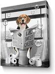 Funny Beagle Dog Wall Art Black and White Dog Bathroom Print Farmhouse Bathroom Animals Wall Decor Dog Sitting in Toilet Reading Newspaper Painting Framed Artwork for Toilet Bathroom 12x16 inch