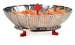 RSVP International Endurance® (RAIN-12) Stainless Steel Vegetable Steamer with Red Silicone Feet, 12" | Place in Pot to Expand | Steam Broccoli, Beans, Carrots & More | Dishwasher Safe