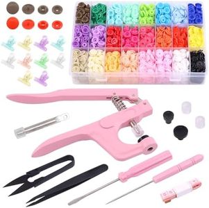 Tanstic 405Pcs Snaps Plastic Buttons with Pink Color Snaps Pliers Set 384Pcs 24 Colors T5 Plastic Snaps with Hand Tools and Sewing Clips for Clothes Sewing, Bibs, Rain Coat Crafting