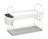 Wenko 2329100 Dish Rack Exclusive Duo drip Rack for Plates and Cups, Cutlery Basket, Drippy Tray, Metal Stainless Steel, 21 x 33 x 49 cm, Silver matt