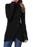 YMING Ladies Solid Color Long Jacket Cozy Button Down Jacket Fall Wool Blend Trench Coat Blk XL